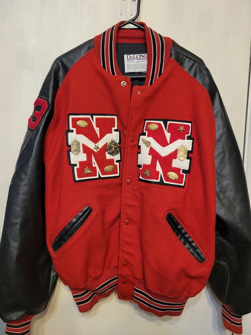 2003 Red and Black Letterman Jacket with Lots of Patches & Awards 2X North Miami